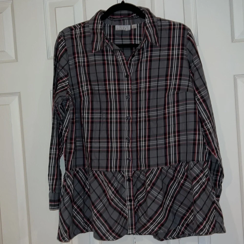 Joan Rivers plaid peplum button  Down shirt Sz S - Picture 3 of 9